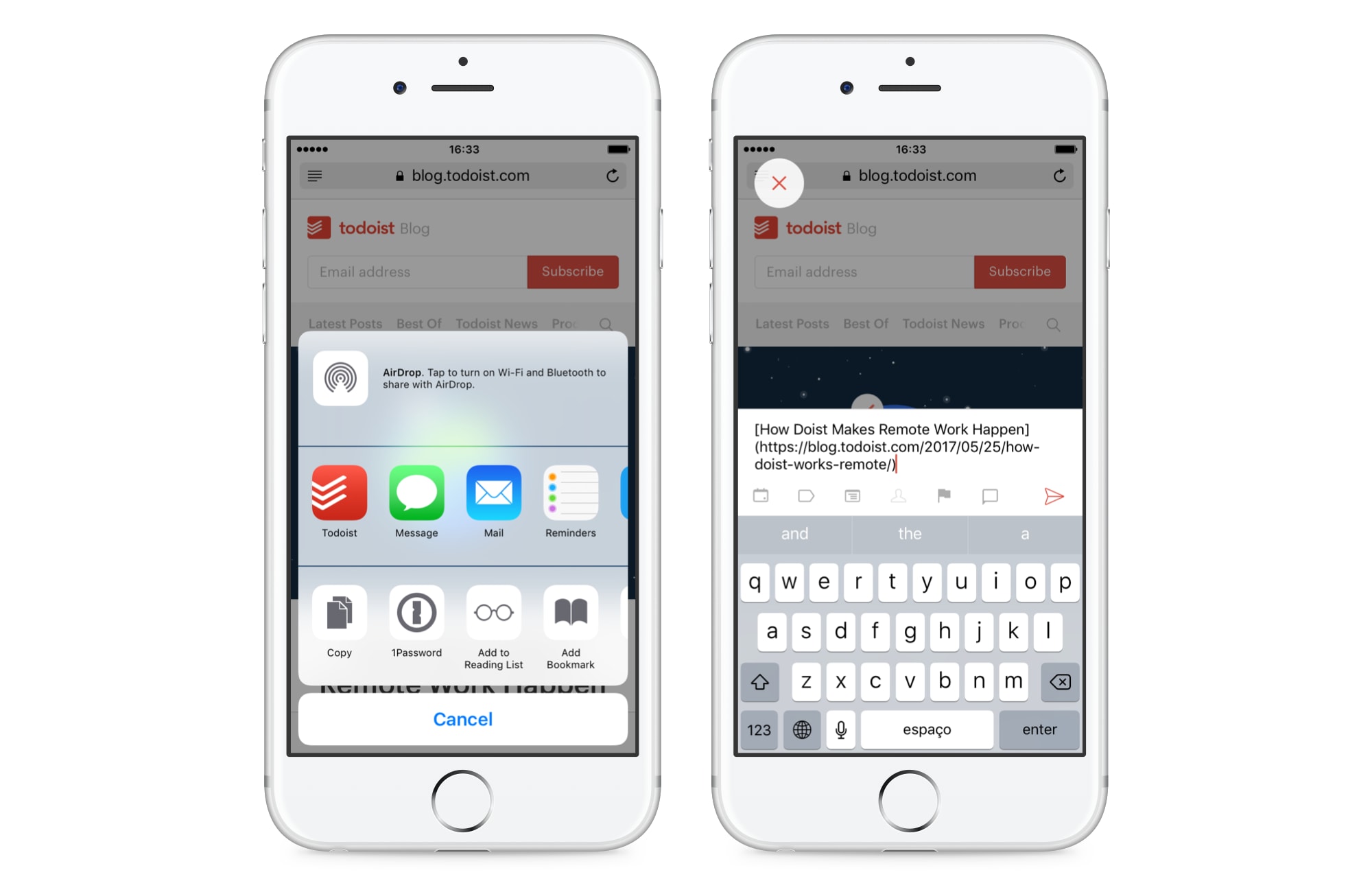 Tap the share button from any app on your phone and add that page as a task in Todoist.