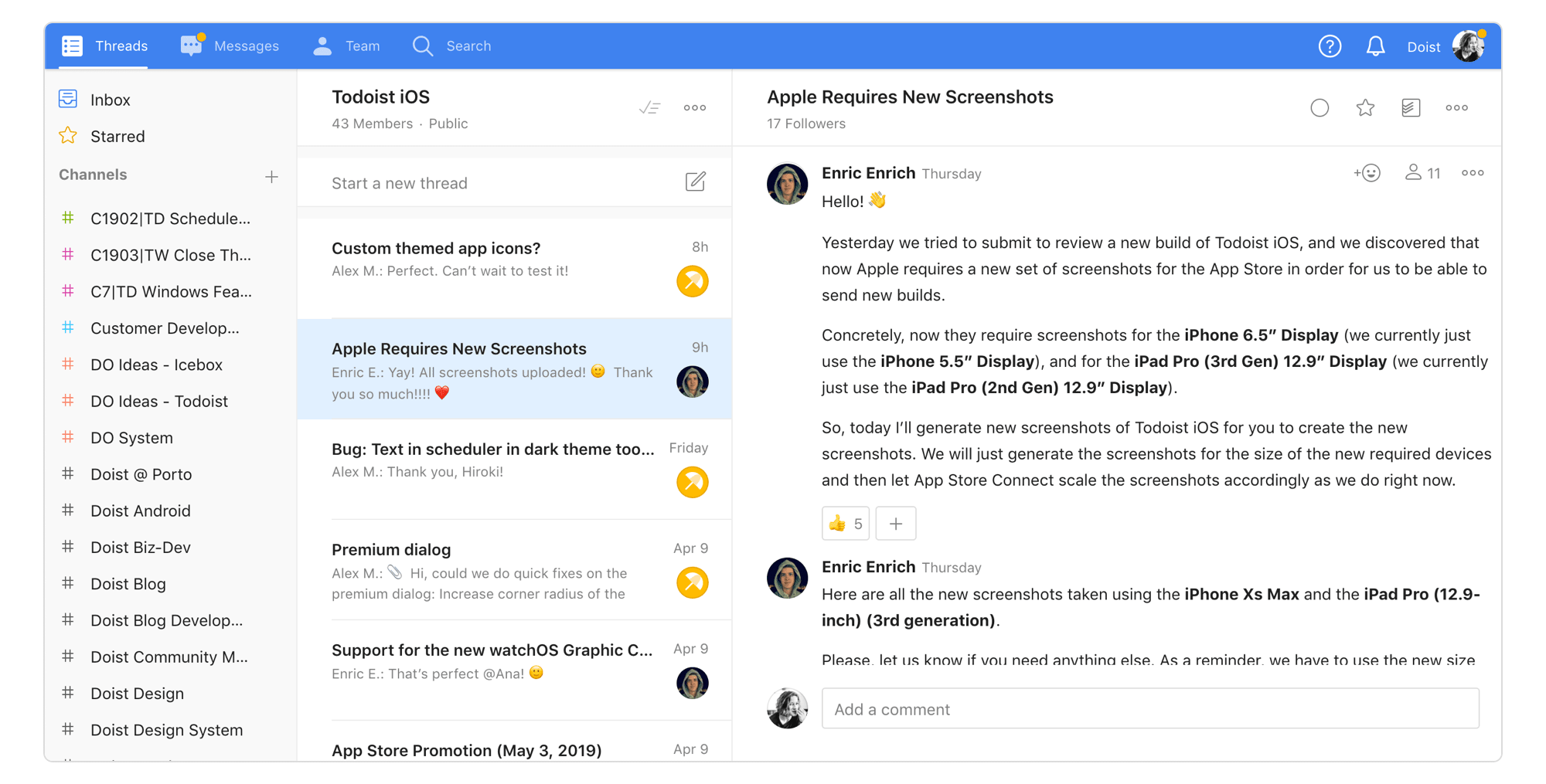 Kicking off a conversation in Twist by starting a new thread