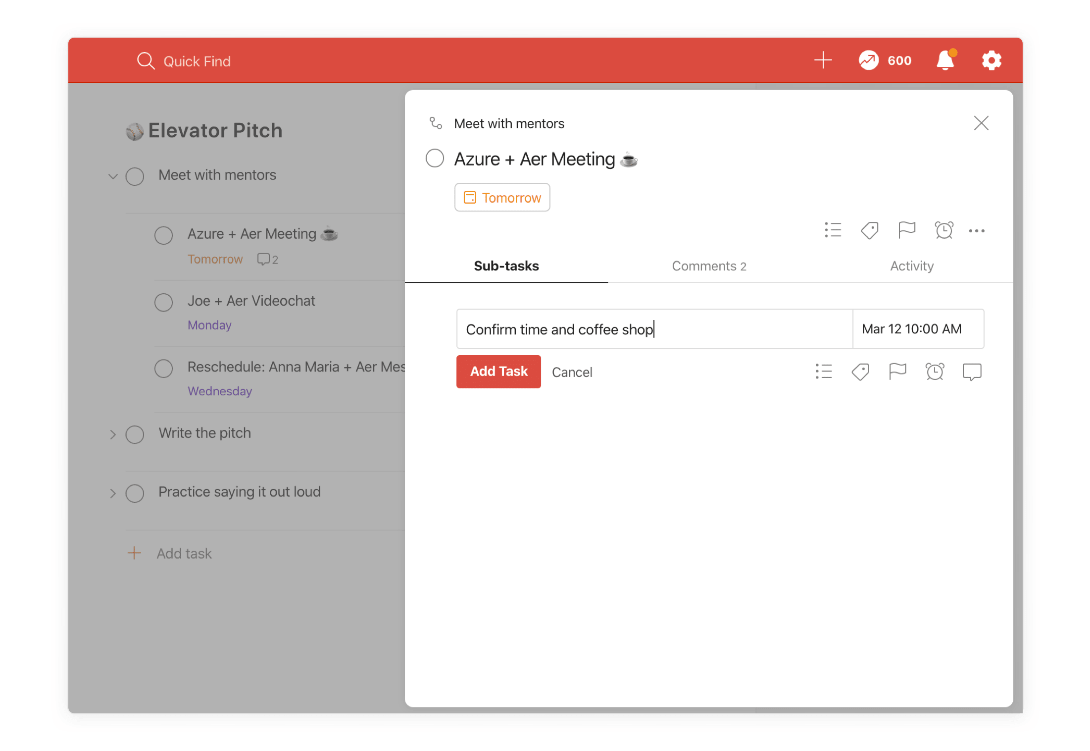 You can easily <a href="https://www.todoist.com/help/articles/introduction-to-sub-tasks-kMamDo">add a sub-task</a> using task view, like I’m doing here.