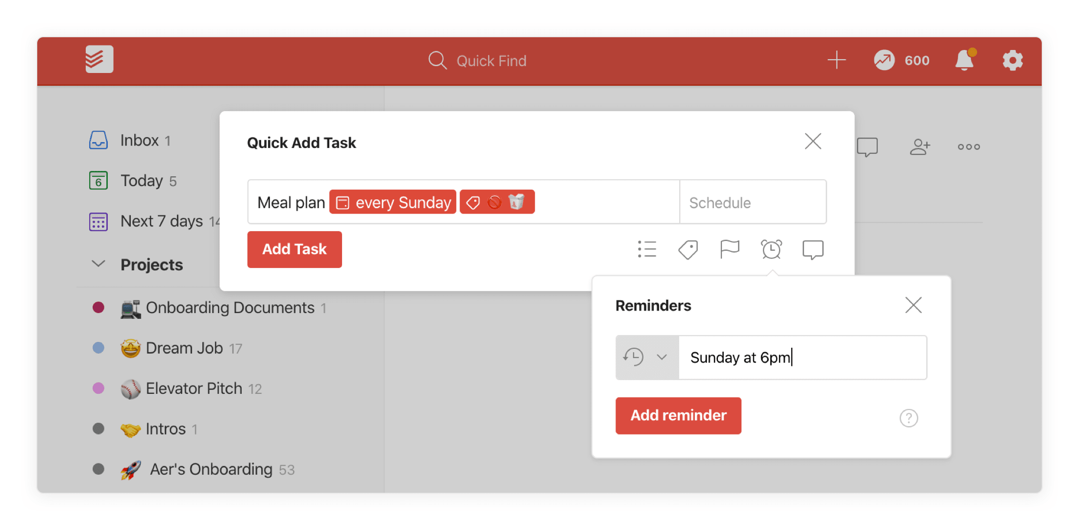 <a href="https://www.todoist.com/help/articles/introduction-to-reminders-9PezfU">Setting a reminder</a> is as easy as clicking the <strong>alarm clock icon </strong>in a task.