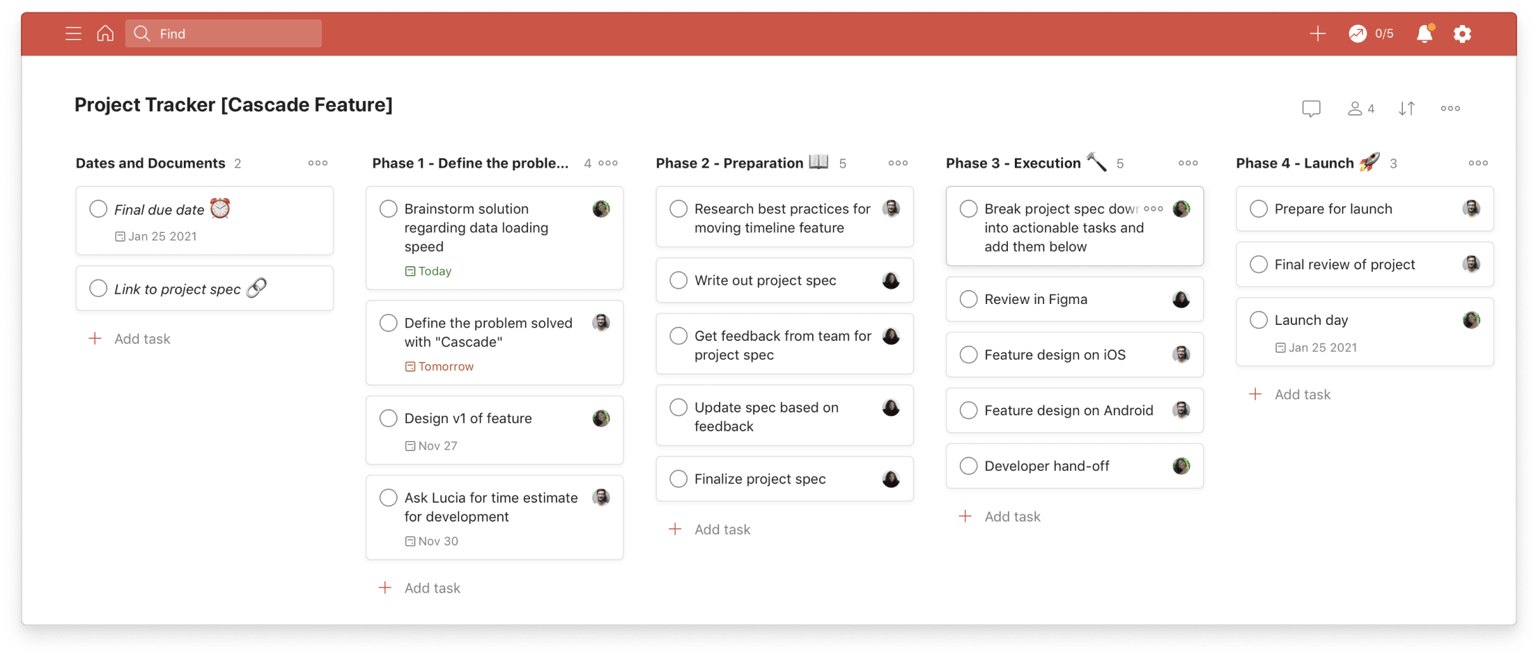 Use the <a href="https://www.todoist.com/help/articles/use-the-board-layout-in-todoist-AiAVsyEI">Boards</a> feature to help you and your team visualize a project.