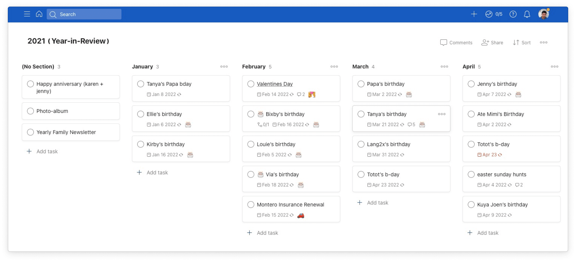 Each month gets its own section, complete with tasks with recurring dates and plenty of comments.