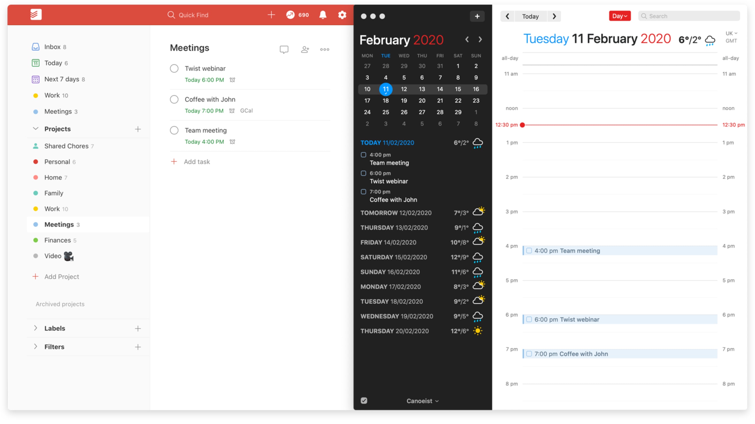 Использование Fantastical и Todoist