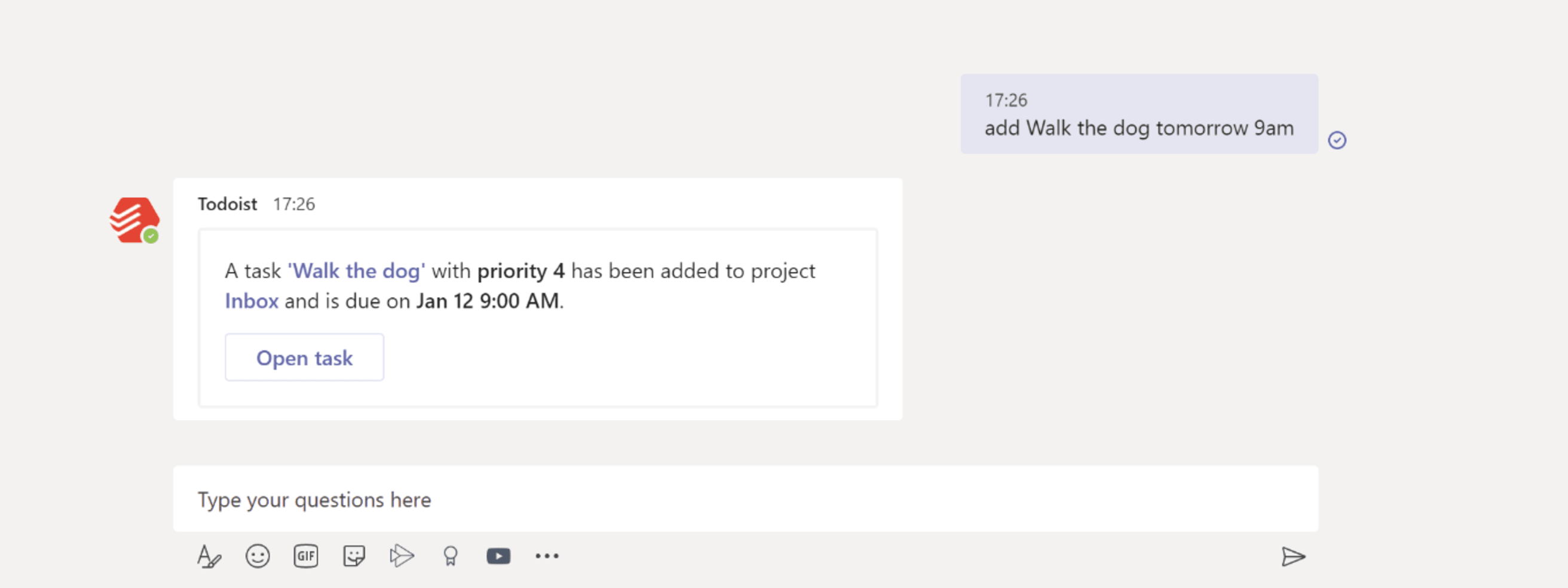 Todoist task in Teams chat