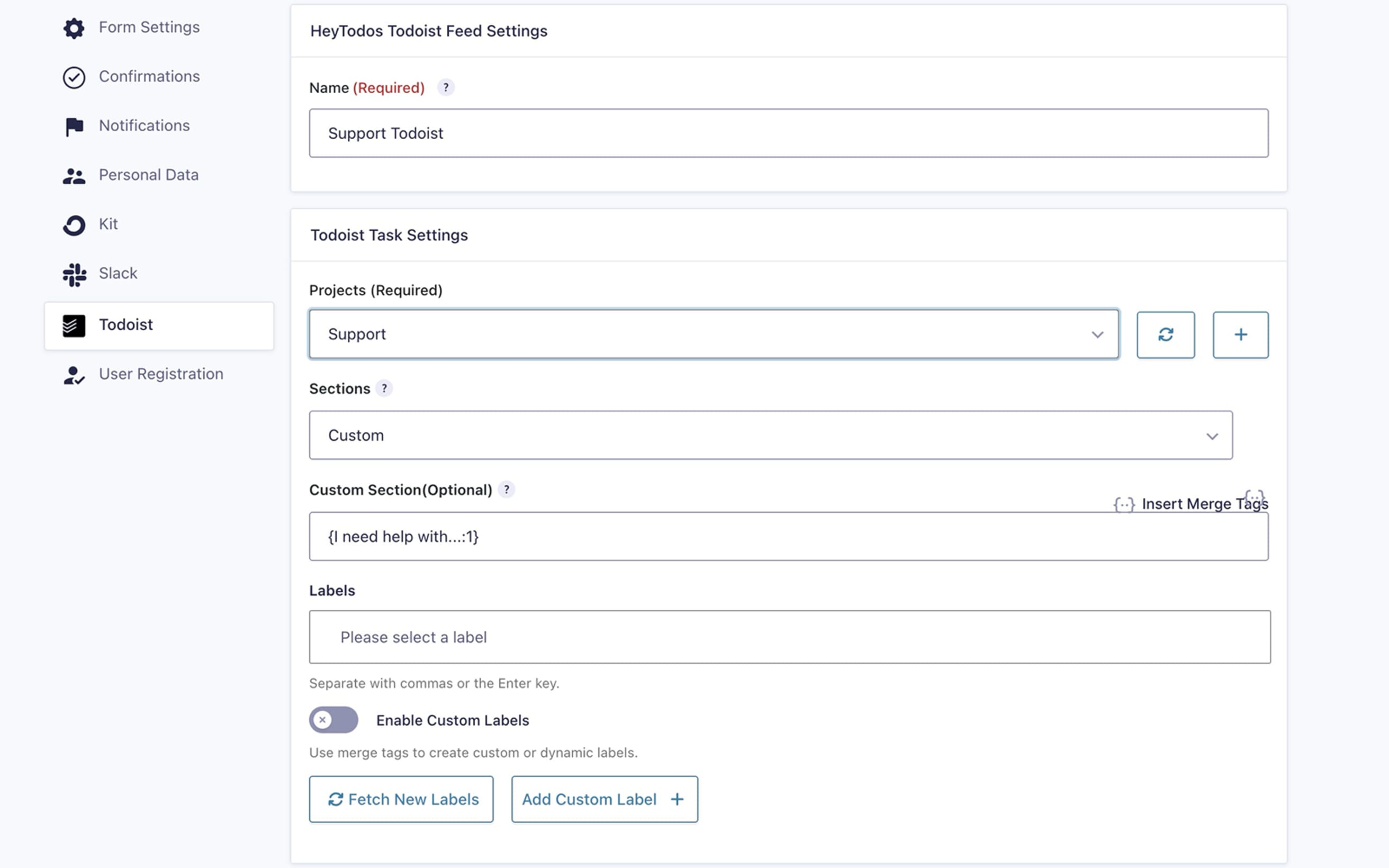HeyTodos Todoist Feed Settings
