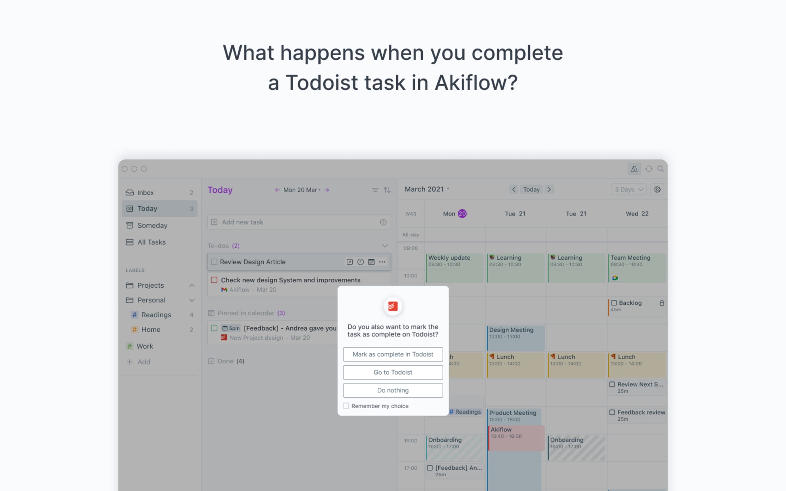 What happens when you complete a Todoist task in Akiflow?