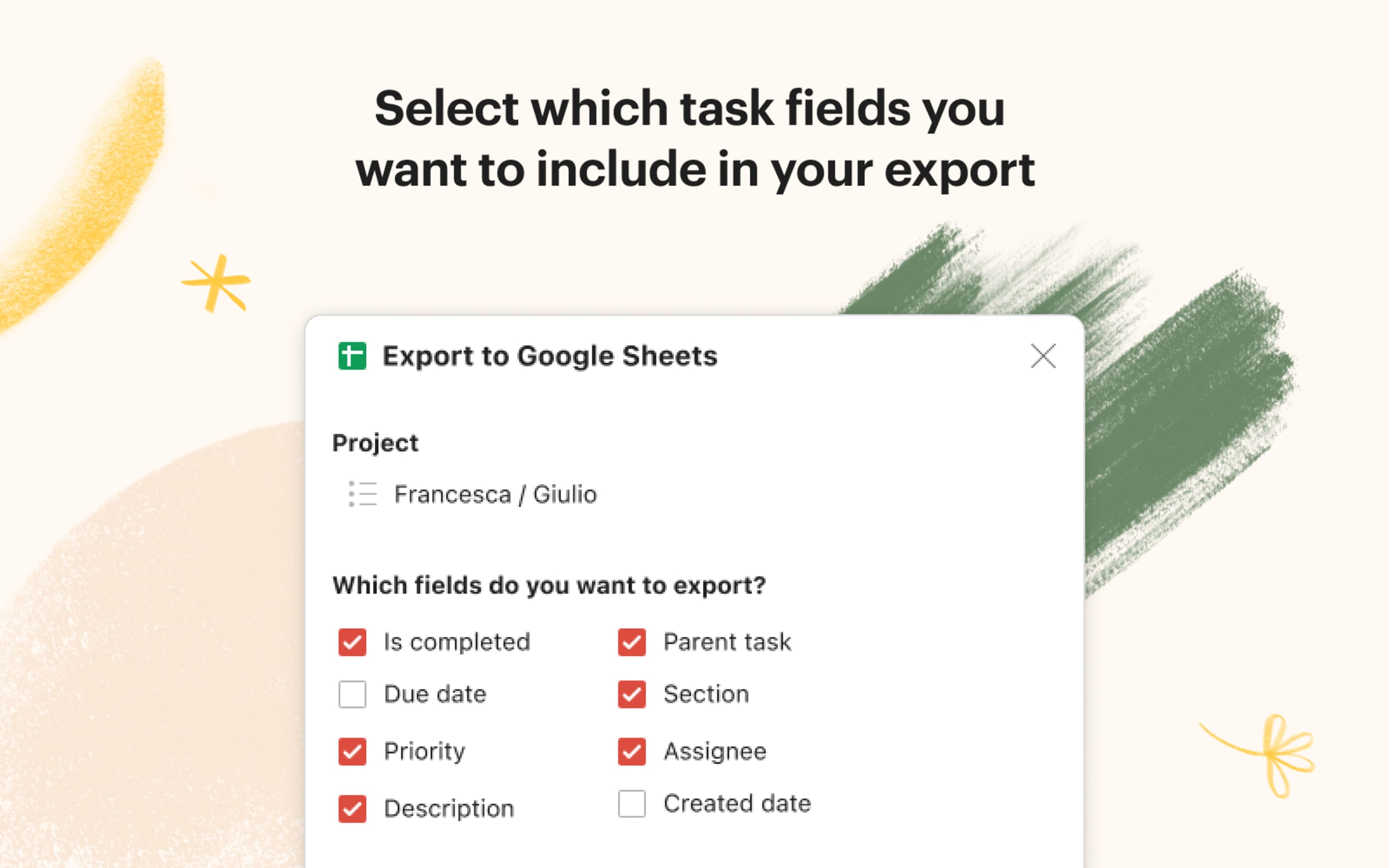 Export to Google Sheets - wähle Aufgabenfelder