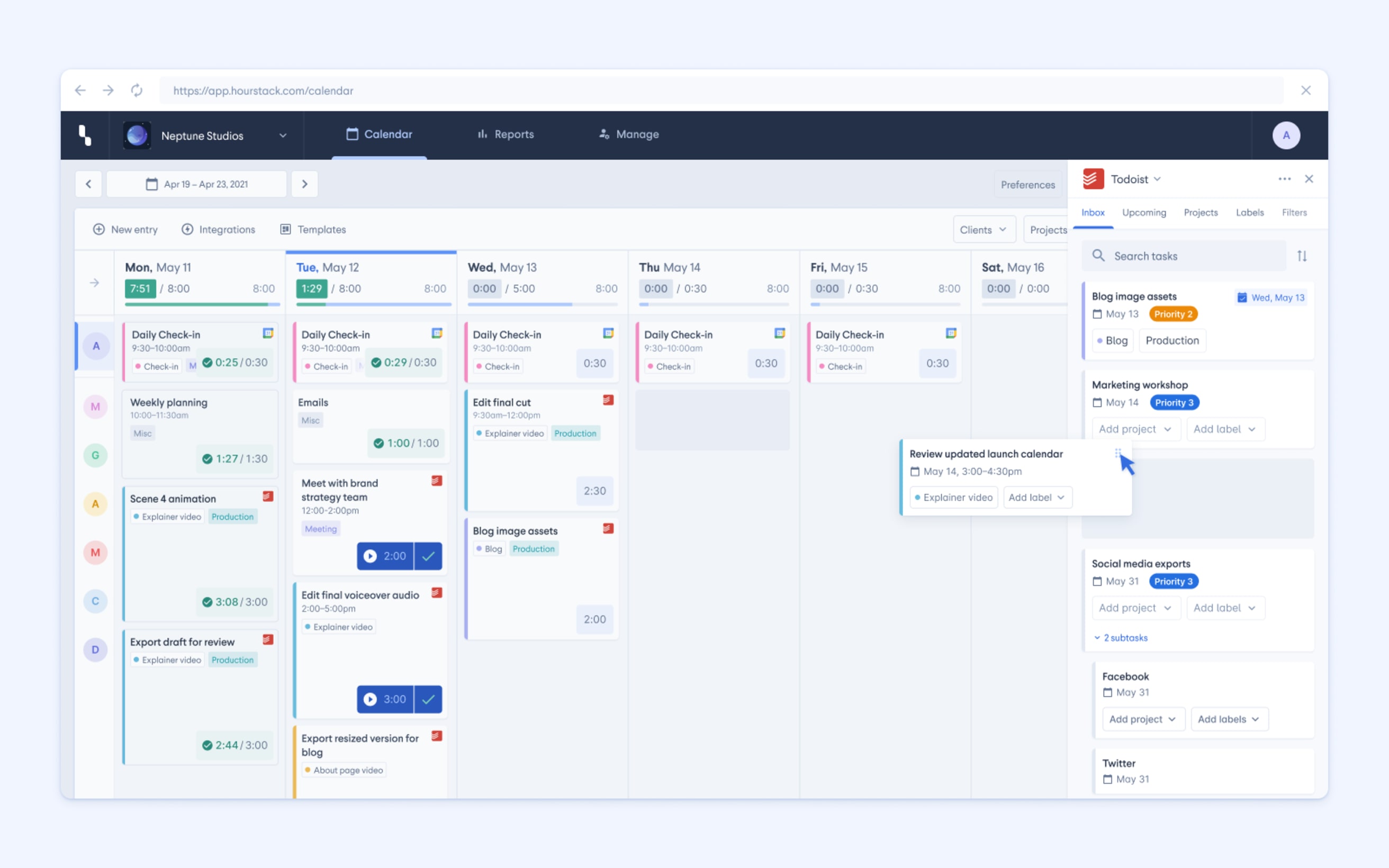 Pianifica le attività Todoist nel calendario visivo di HourStack