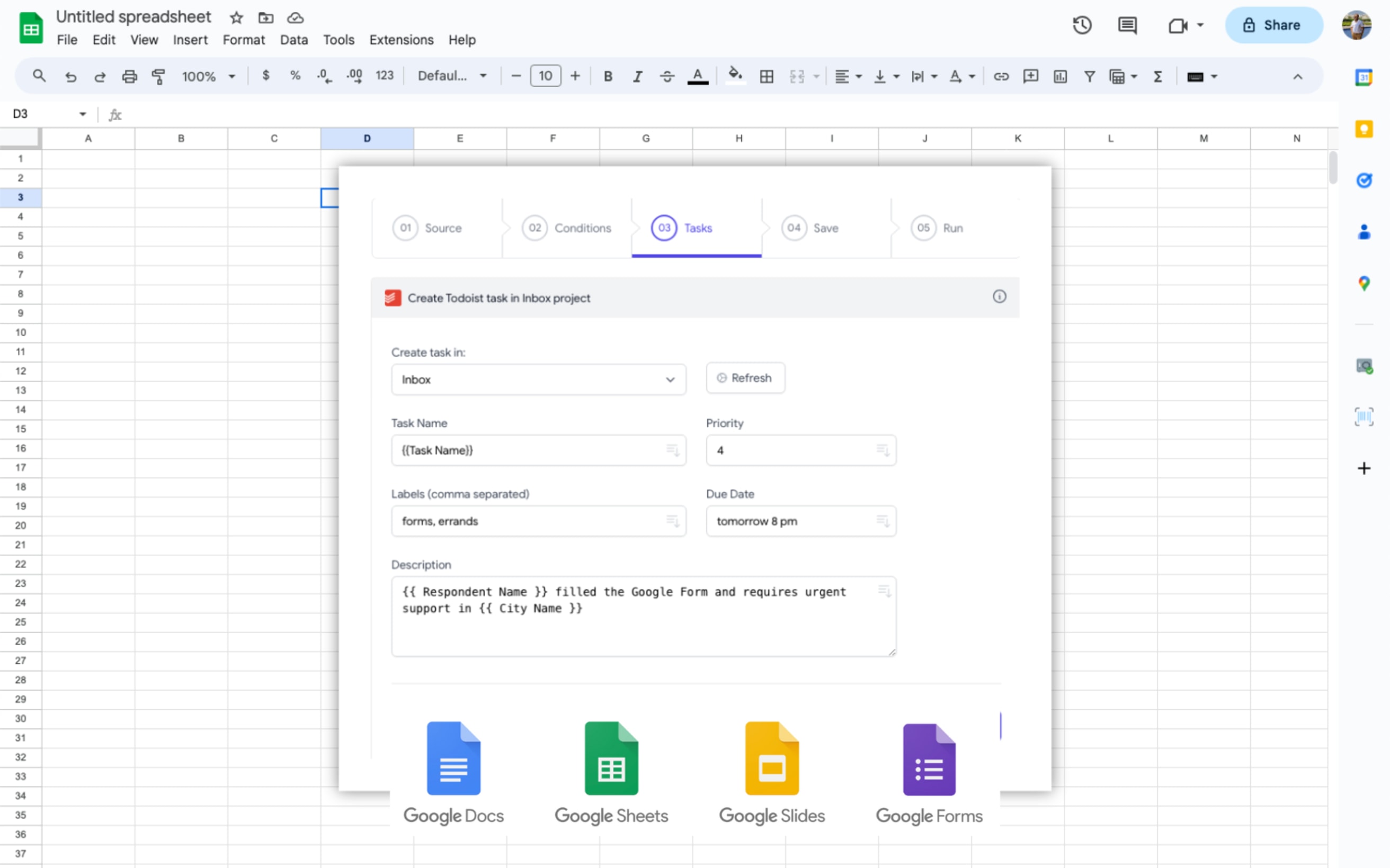 Create Todoist tasks directly from Google Sheets