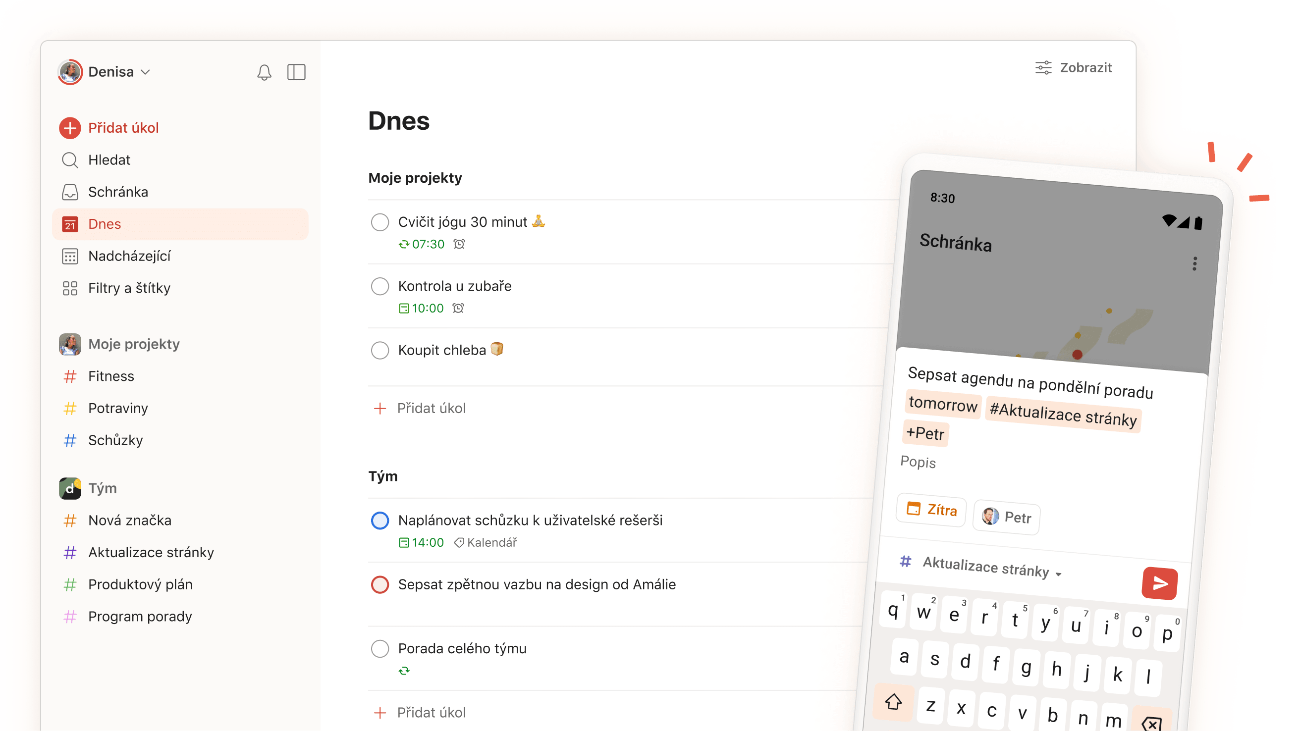 Rozhraní aplikace Todoist zobrazující denní úkoly, projekty a týmové oddíly s pohledem na obrazovku pro zadávání úkolů na mobilním zařízení.