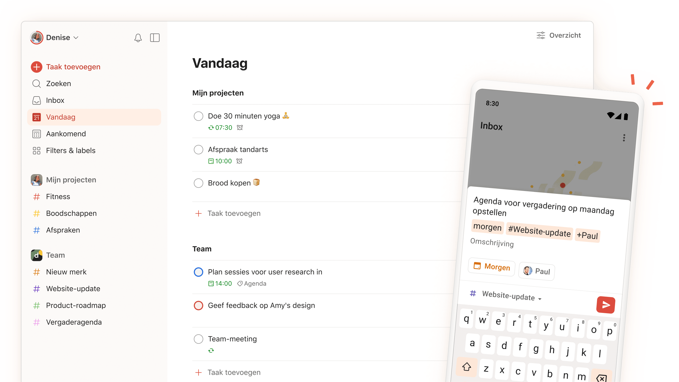 Interface Todoist-app met dagelijkse taken, projecten en teamsecties, met een mobiel overzicht van scherm voor taakinvoer.