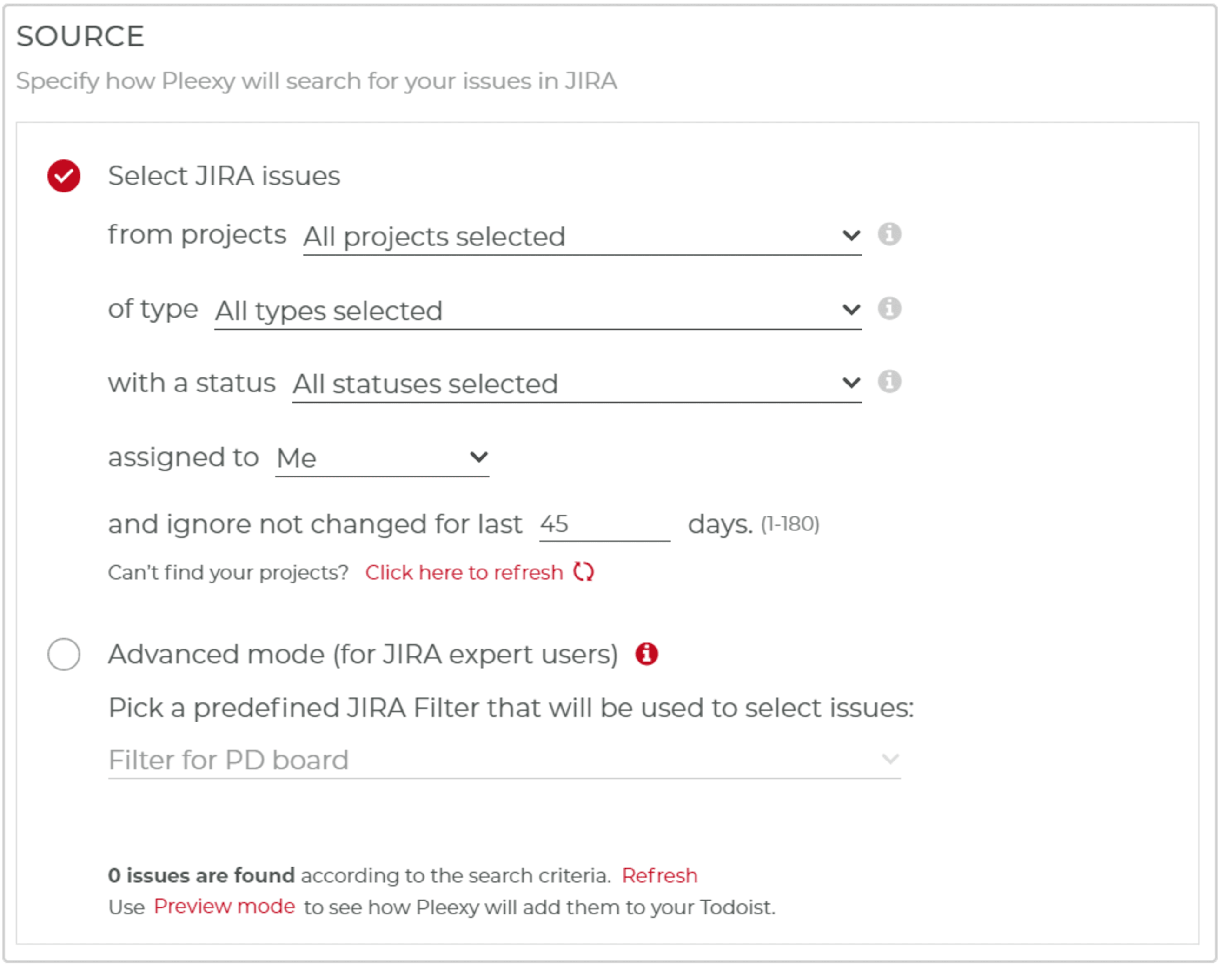 Pleexy JIRA source setting 