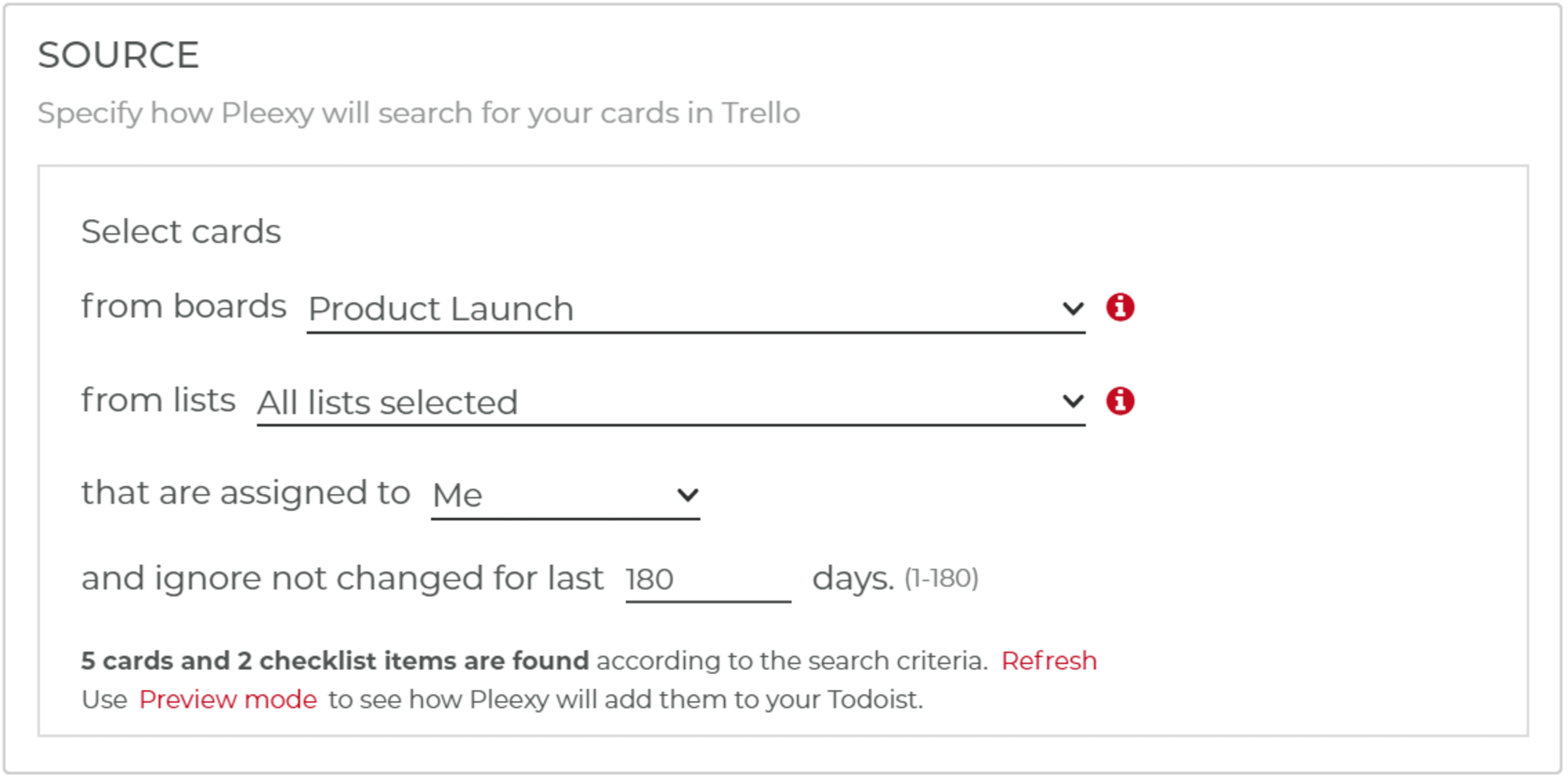 Pleexy source settings for Trello