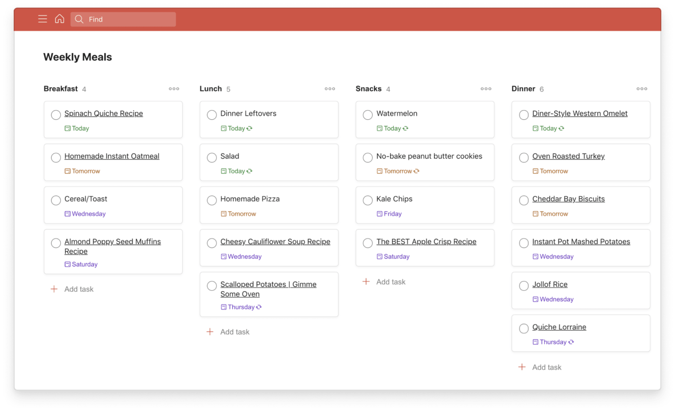 Todoist for Health meal plan