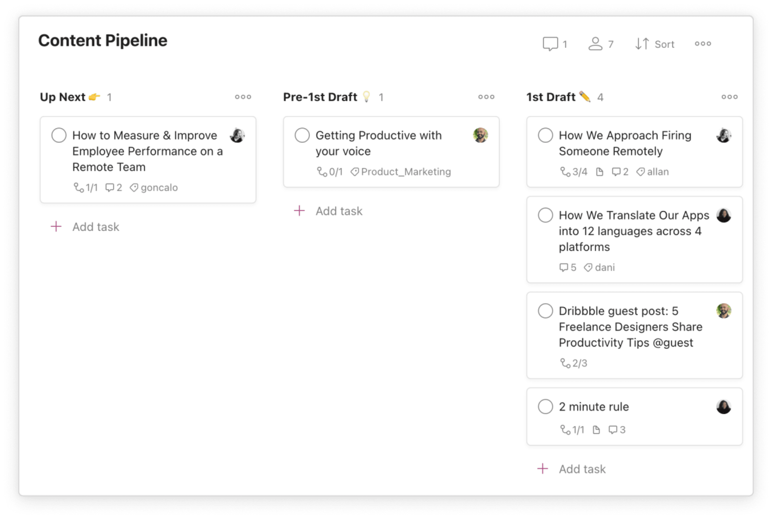 Content pipeline project in board view with sections: Up Next, Pre-1st Draft, and 1st Draft.