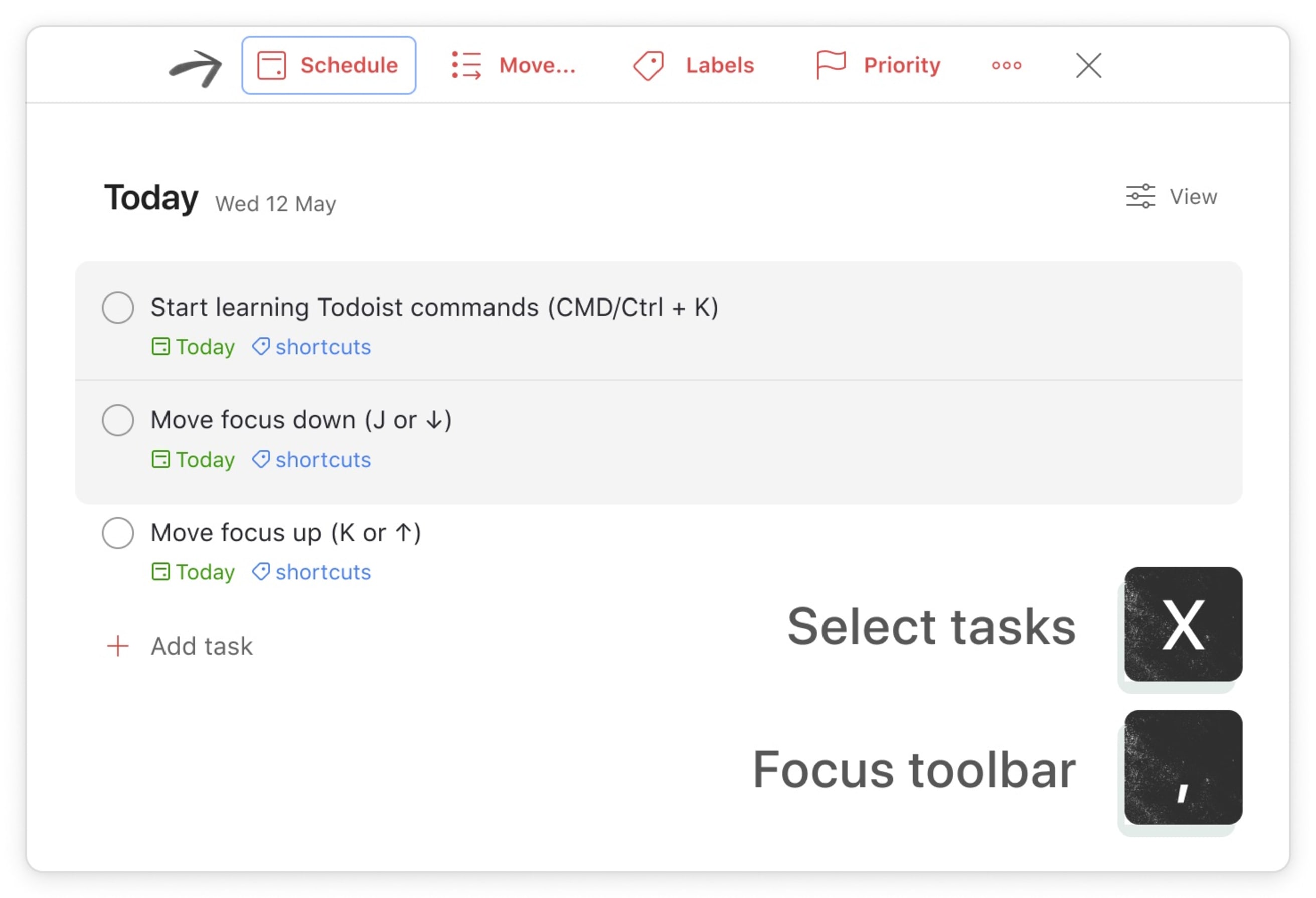 Two tasks in Today view selected with X and the toolbar in focus with ,.
