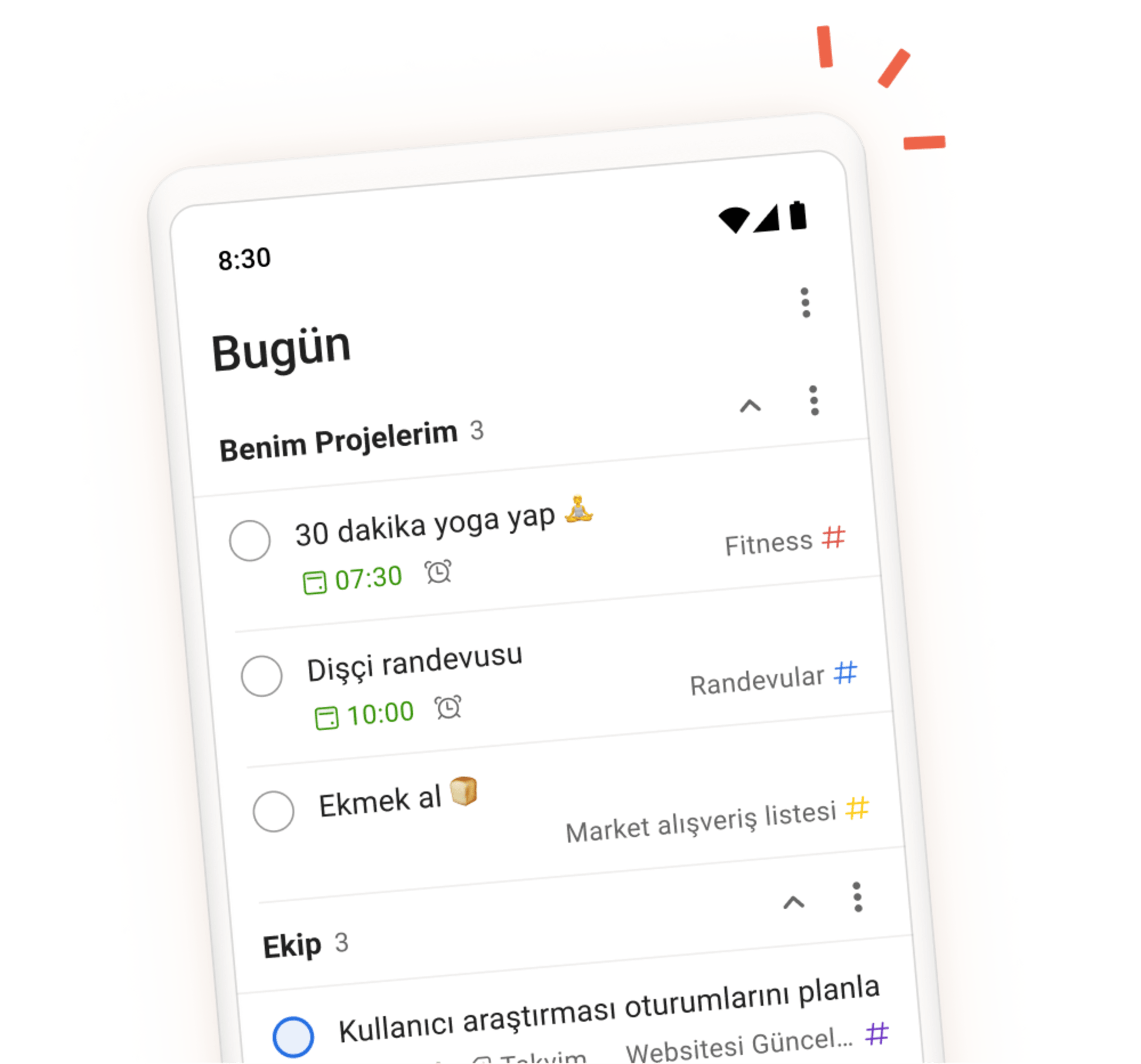 Benim Projelerim ve Ekip bölümlerinde bugünün görevlerini gösteren Todoist uygulama arayüzünün mobil görünümü.