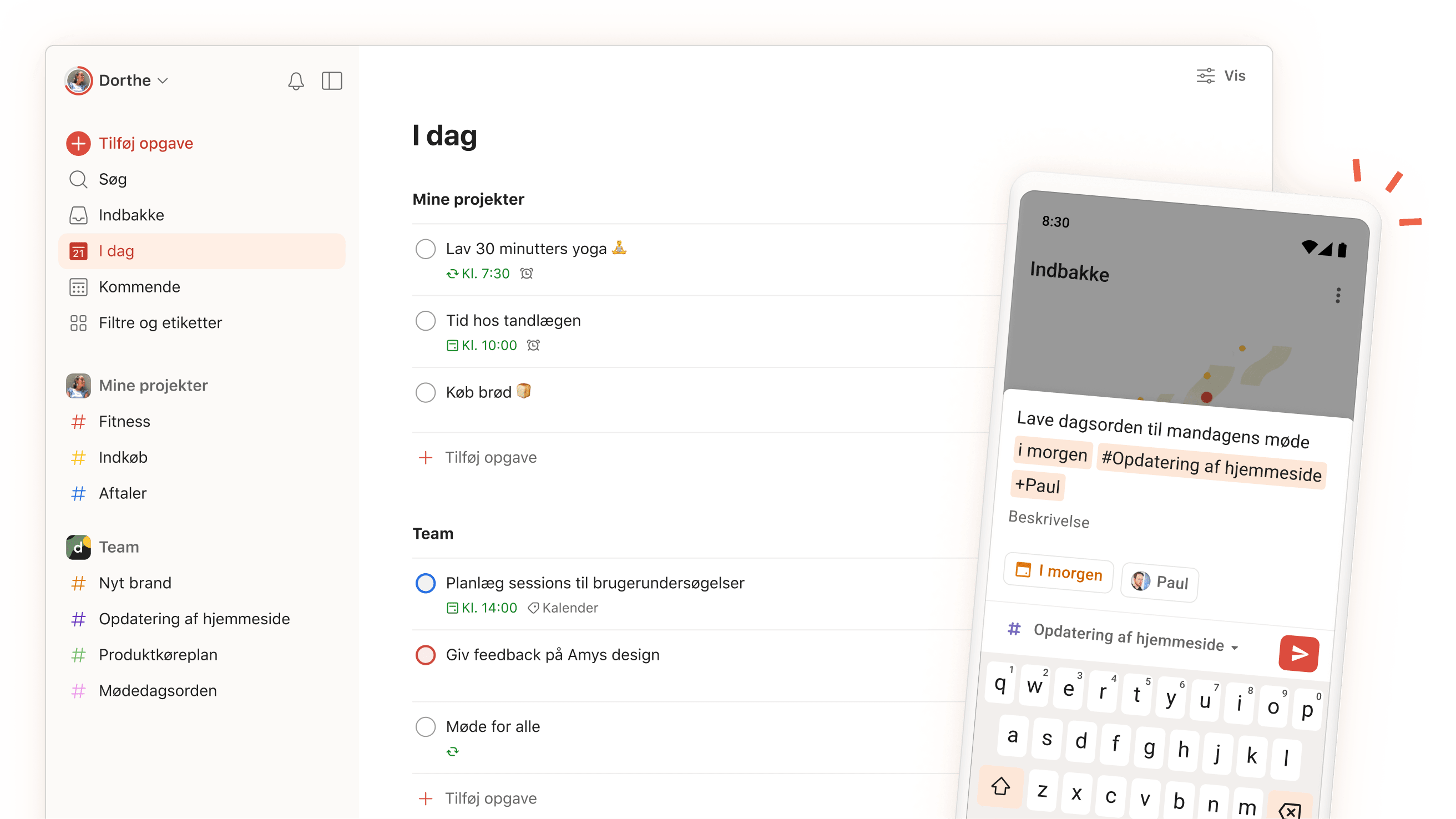 Todoists appbrugerflade, der viser daglige opgaver, projekter og teamsektioner med en mobilvisning af opgaveindtastningsskærmen.