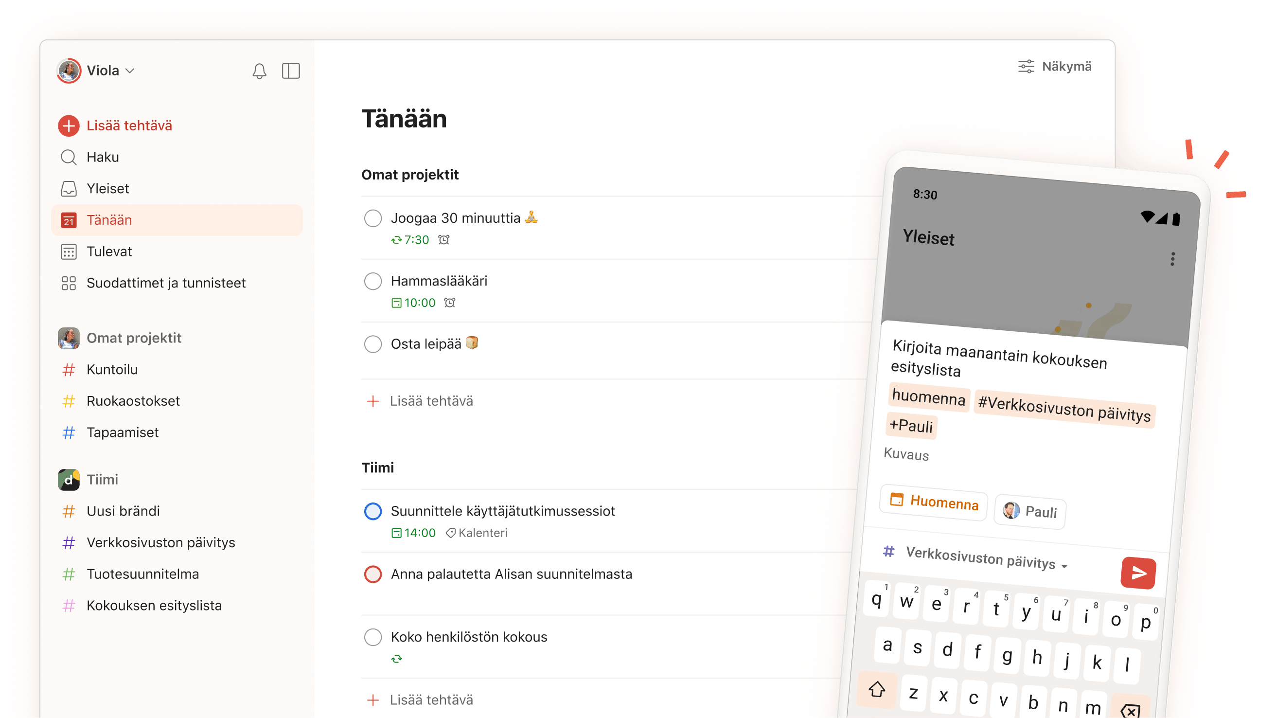 Todoist-sovelluksen käyttöliittymä, jossa näkyvät päivittäiset tehtävät, projektit ja tiimiosiot sekä mobiilinäkymä tehtävän syöttöruudusta. 