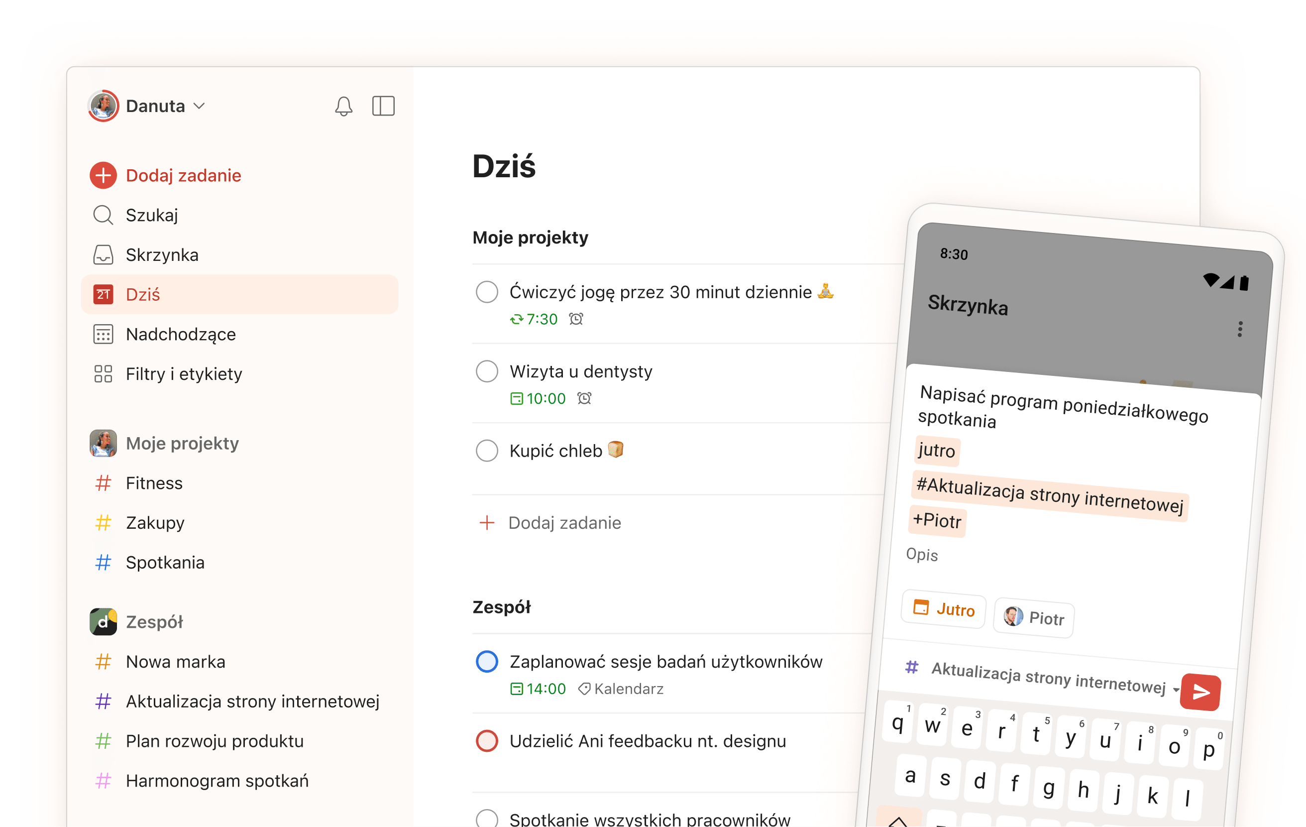 Interfejs aplikacji Todoist pokazujący codzienne zadania, projekty i sekcje zespołu z mobilnym widokiem ekranu wprowadzania zadań.