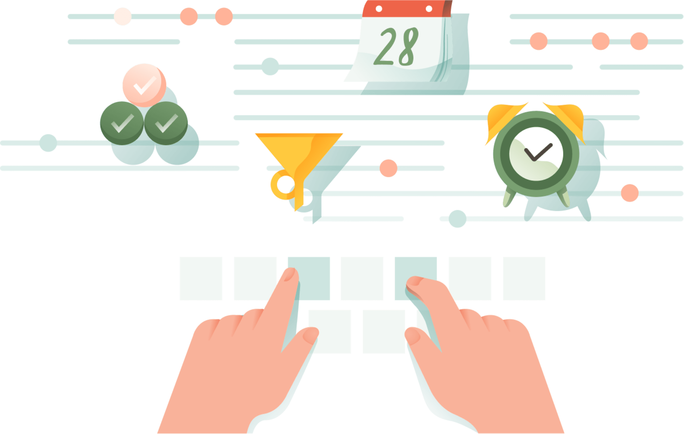 Hands typing on a stylized keyboard