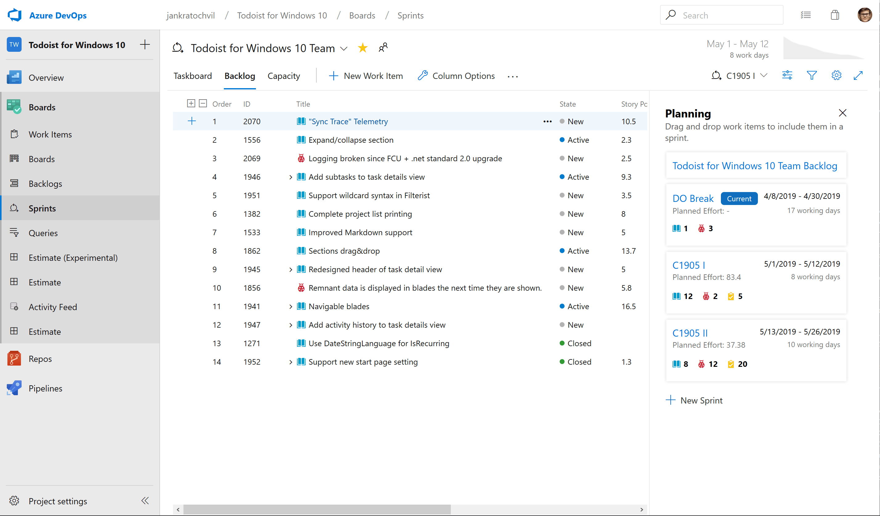 The Windows team's development backlog organized in Azure.