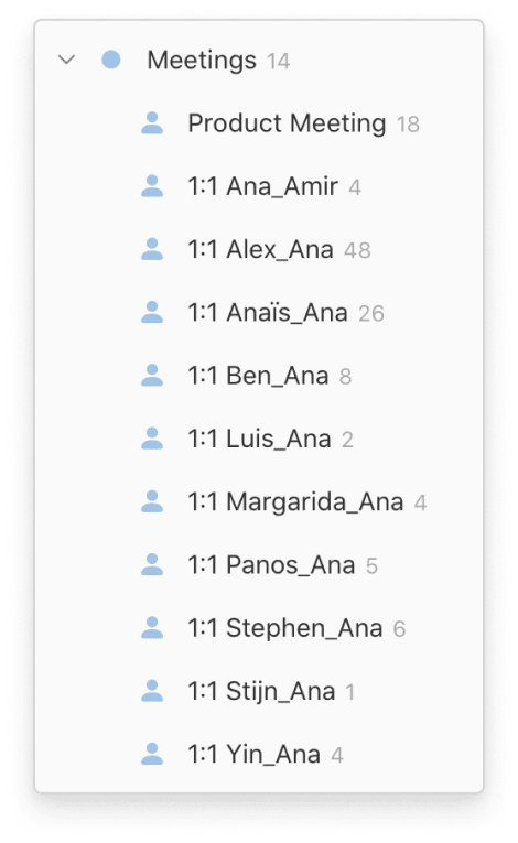 Doist Head of Design Ana uses a series of Todoist projects for all of her 1:1 recurring meetings.