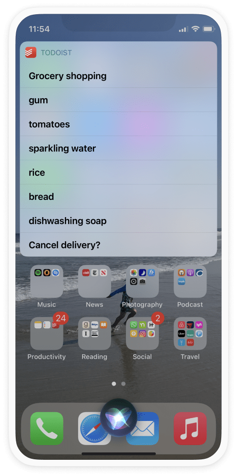 To call up a grocery list, you can say “Siri, show me all tasks due today on my Groceries list in Todoist.”