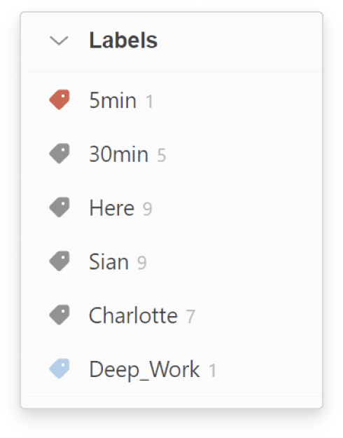 Sian tags her tasks with <a href="https://www.todoist.com/help/articles/introduction-to-labels-dSo2eE">labels</a> for how long they take, like @5min, @30min, or “Deep_Work.” She pulls up the less time intensive tasks in the morning and saves the <a href="https://www.todoist.com/inspiration/deep-work">deep work</a> tasks for the afternoon.