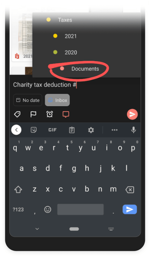 Add a scanned tax document from your phone to Todoist as a task using share and Quick Add