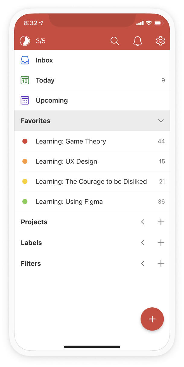 Add all your learning projects to your <a href="https://www.todoist.com/help/articles/add-a-project,-label,-or-filter-to-favorites-in-todoist-zezDfvSK">Todoist Favorites</a>