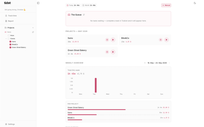 Set hourly rates per project and log hours against completed tasks