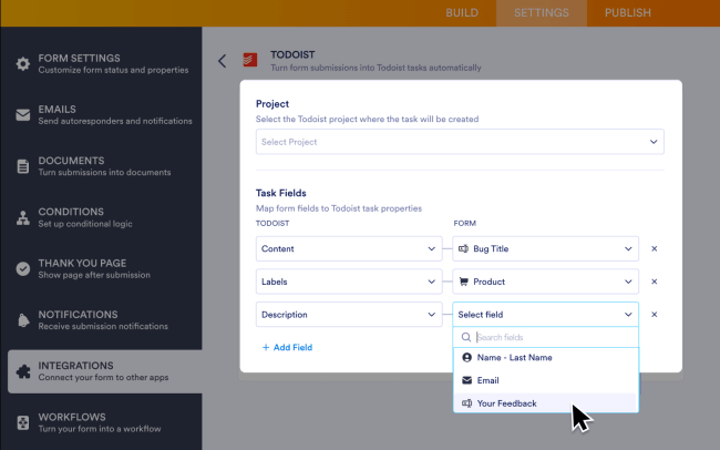 Match your Jotform fields to the Todoist task fields you want to fill in