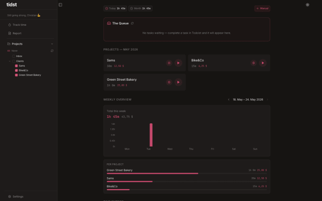Set hourly rates per project and log hours against completed tasks (in Dark Mode too)