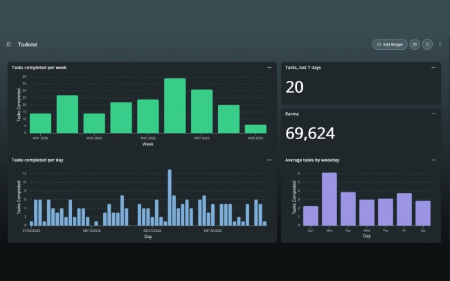 Build a weekly review dashboard with tasks done this week, your busiest projects, and your Karma.
