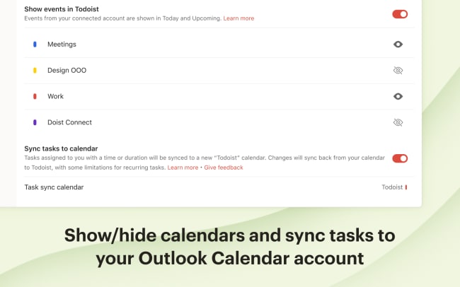 Show/hide calendars and sync tasks to your Outlook Calendar account