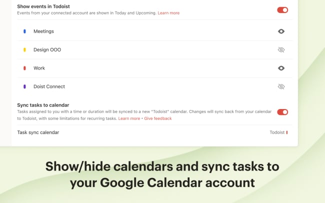 Show/hide calendars and sync tasks to your Google Calendar account