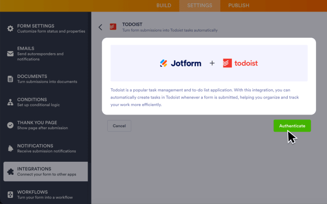 Go to Settings > Integrations to connect to Todoist