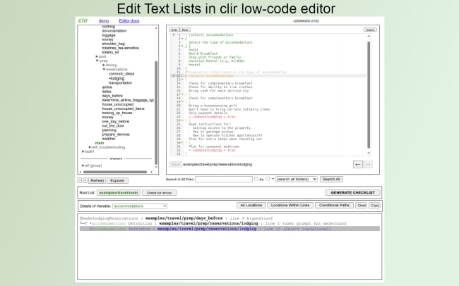 Edit text lists in clir's low-code editor