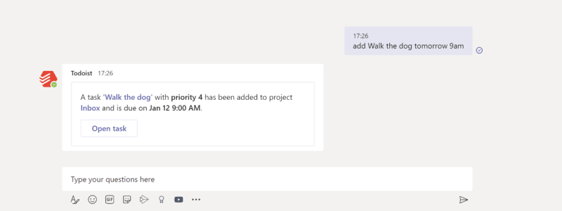 Úkol Todoist v chatu Teams