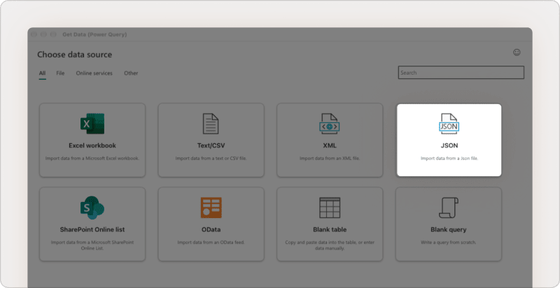 The Get Data (Power Query) window in Excel for Mac with the JSON data source highlighted
