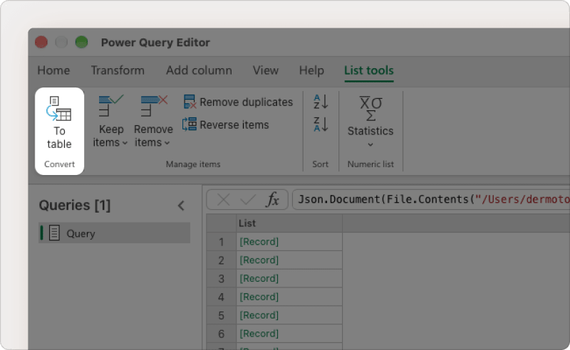 The Power Query editor in Excel with the To table button highlighted