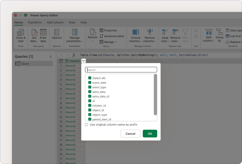 The expand menu in the Column1 header of the Power Query editor, with fields like event_date and event_type selected