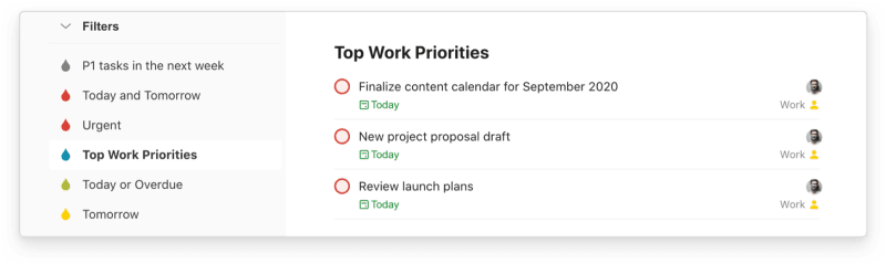 A view of the Top Work Priorities filter