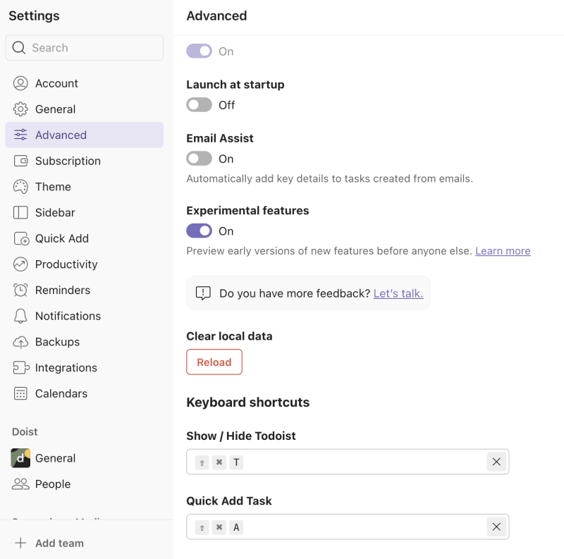 Todoist advanced settings