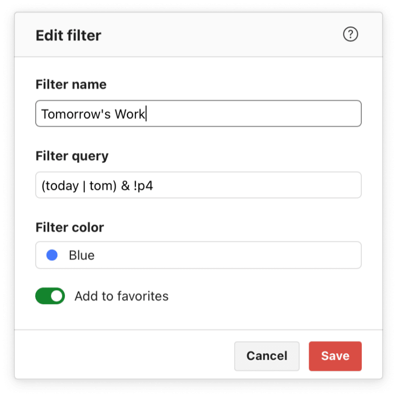 Carl also has a filter called <i>Tomorrow's Work</i>, showing tasks due today and tomorrow (<em>today | tom</em>) that are not low priority (<em>!p4</em>).
