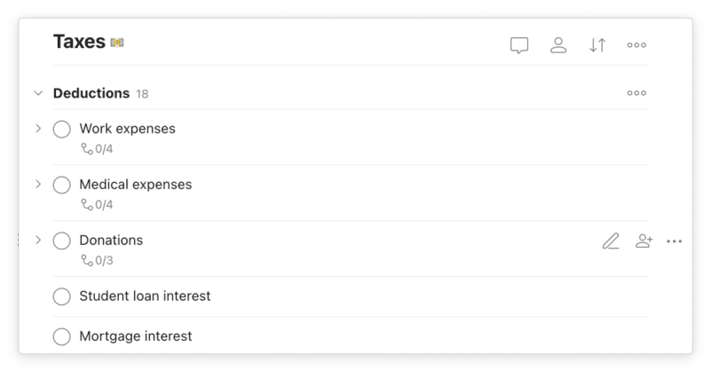 Keep track of the different kinds of expenses you will deduct on your taxes in one place.
