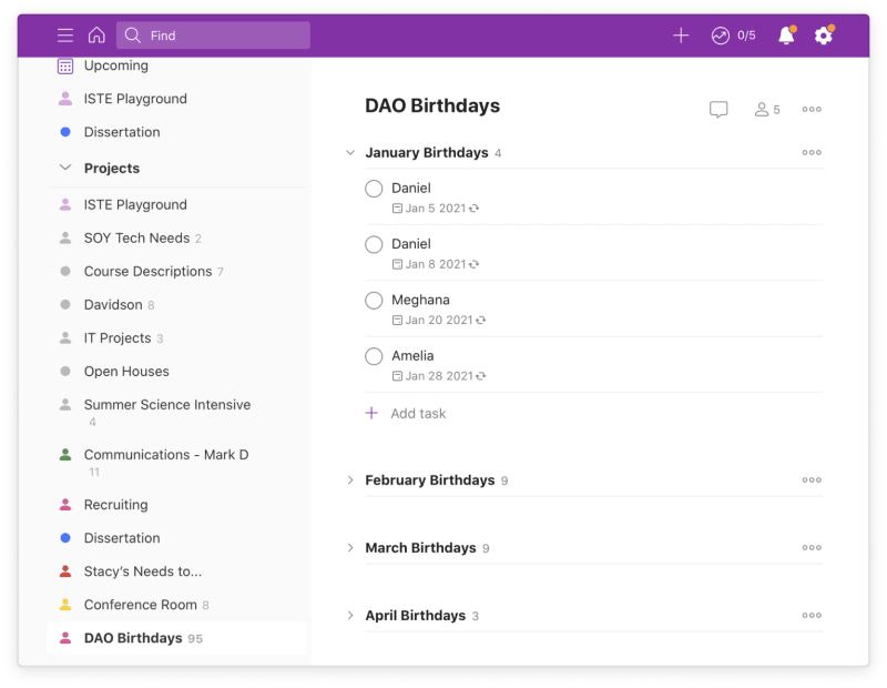 Davidson staff have a Todoist project for keeping track of birthdays among student body and staff