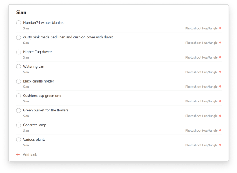 Sian keeps track of props she'll need for photo shoots with Todoist.