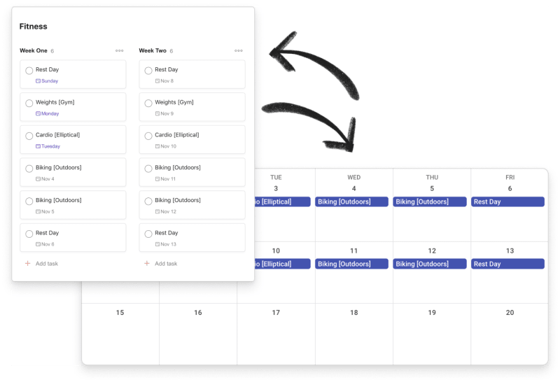 Using Todoist’s real-time, two-way sync <a href="https://www.todoist.com/integrations/apps/google-calendar-integration">integration</a> with Google Calendar helps you visualize your workout tasks in your calendar and in your Todoist.